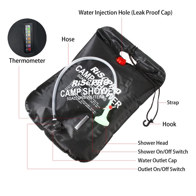 RISEPRO Solar Shower Bag, 5 gallons/20L Solar Heating Camping Shower Bag Temperature Indicator Hot Water 45Â°C Hiking Climbing C1004 - Image 2